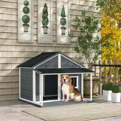 PawHut Hundehütte Outdoor-Hundehütte, incl. Terraza, resistente a la intemperie, 124 cm x 112 cm x 105 cm, Gris + Blanco