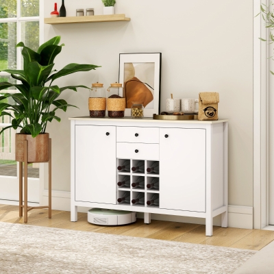 HOMCOM Bufé mueble de almacenamiento con 2 cajones, 2 puertas estantes ajustables y porta botellas para 9 botellas, blanco