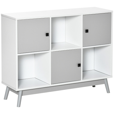 HOMCOM Bufé, mueble de almacenamiento con 3 puertas y 3 compartimentos abiertos, patas de madera de pino, 96x30x75cm, blanco y gris