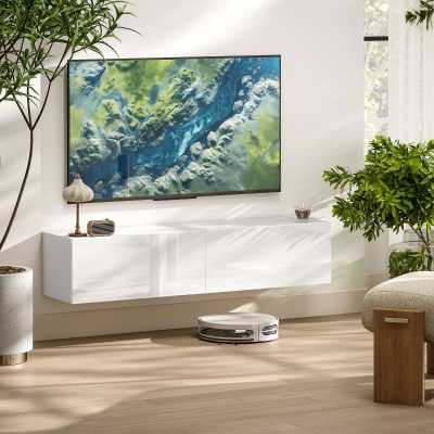 HOMCOM Mueble TV suspendido para televisor hasta 45 55 65 pulgadas con 2 armarios de puertas, 140x33x29,8 cm, blanco