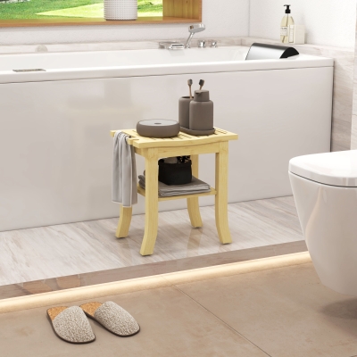 HOMCOM Taburete de ducha en bambú con estante de almacenamiento y portatoallas, 42×29×43 cm, natural