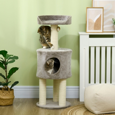 PawHut Árbol rascador para gatos con sisal natural, altura 103 cm, cueva y plataforma de tejido suave en Gris