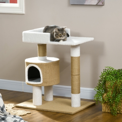 PawHut Árbol Rascador Árbol para Gatos con Casita, 1 Casita, 1 Área de descanso, 70x49x79 cm, Natural + Blanco