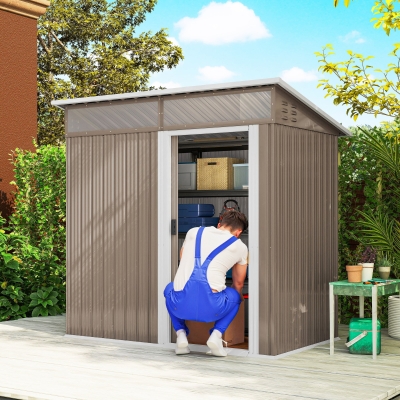 Outsunny Abrigo de Jardim 1,9m² 195x122x182 cm com Base Reforçada (Chão NÃO Incluído) Porta Corredera Janelas Abrigo de Ferramentas Marrom Claro