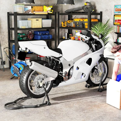 HOMCOM Caballete rueda delantera trasera carga 390 kg caballete de taller para moto brazo ajustable en acero horquilla en forma U + L