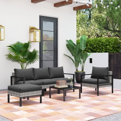 Outsunny Conjunto de jardín exterior para 5 personas, salón de balcón de ratán sintético con sillones, taburete y mesa de centro Gris