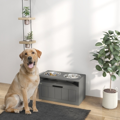 PawHut Estación de alimentación para perros grandes con 2 platos de acero inoxidable, cajón, máquina de alimentación para mascotas, MDF, acero, gris