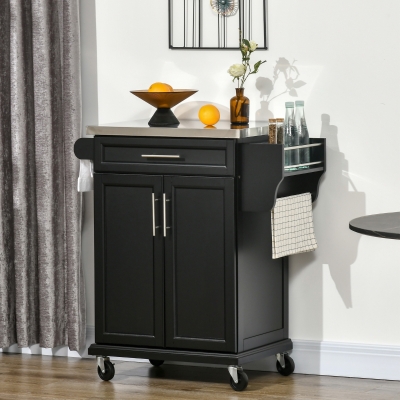 HOMCOM Îlot Cuisine Bois Noir Roulettes Placard Étagère Inox