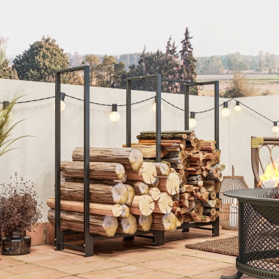 Outsunny Soporte de leña con dos compartimentos, 3 ganchos, base elevada, 123x32x115 cm, acero, negro