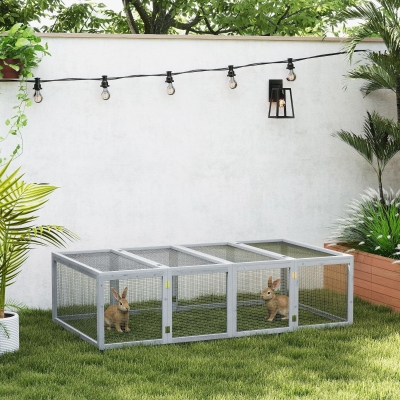 PawHut Cobertizo para mascotas, Parque de juegos para mascotas, Recinto al aire libre, Jaula para mascotas con puerta, Cobertizo para cobayas, Parque de juegos al aire libre, Casa para mascotas de madera de pino, 181 x 100 x 48 cm, Gris