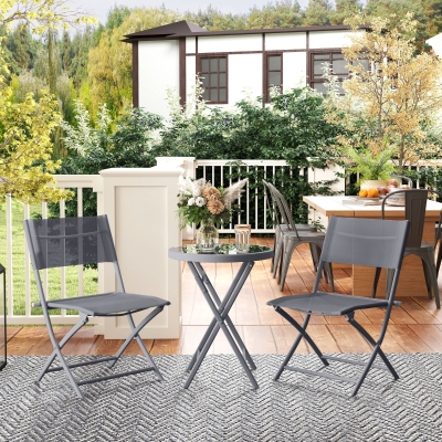 Outsunny Conjunto de bistrot 3 piezas plegable en metal, 2 sillas y 1 mesa redonda, sala de jardín exterior 2 personas, gris