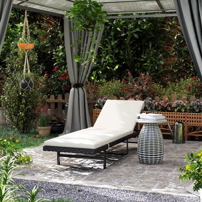 Outsunny Tumbona de jardín con cojín de resina trenzada reclinable con ruedas, 198x65x85 cm, Crema