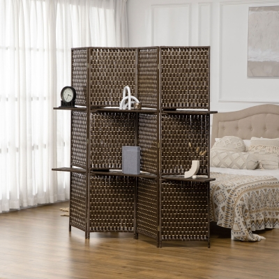 HOMCOM Biombo interior separador de ambientes 4 paneles 2 estantes madera de pino trenzada fibras de papel 181 x 180 cm marrón