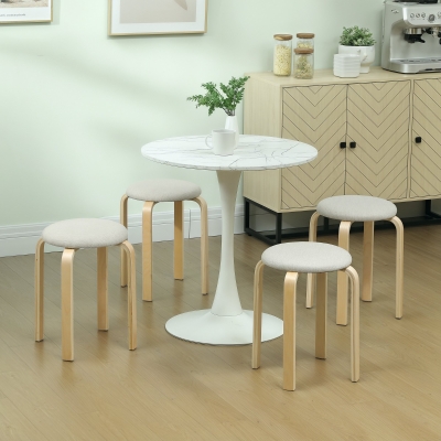 HOMCOM Taburetes acolchados, juego de 4, apilables, superficie lacada, patas de madera, Blanco crema
