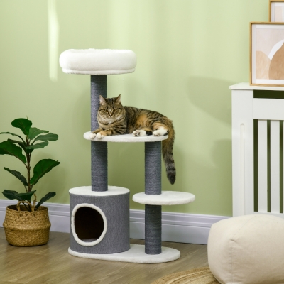 PawHut Rascador con 1 Cueva para Gatos, 1 Cama para Gatos, 2 Plataformas, Poste Rascador de Yute, Blanco + Gris