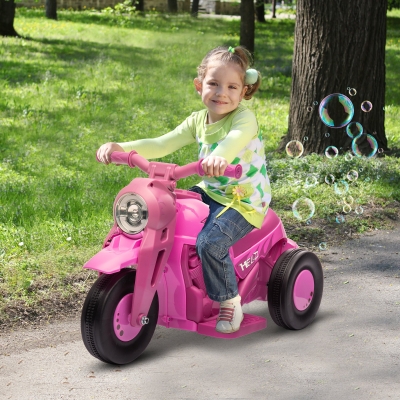AIYAPLAY Moto eléctrica para niños 2-5 años, 3 ruedas, 6 V, 3 km/h, con función de burbujas, efectos luminosos y sonoros, Rosa