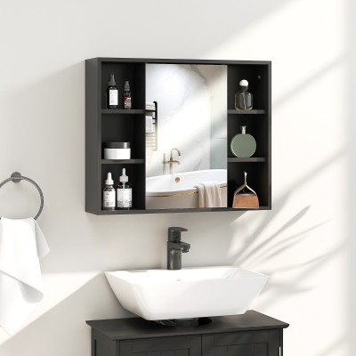 HOMCOM Mueble baño con espejo, armario de puertas y 6 compartimentos abiertos, 60 x 14,5 x 49,4 cm, negro