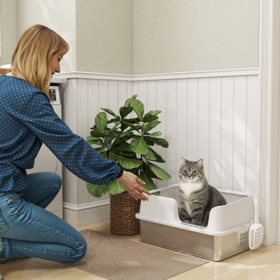 PawHut Bandeja de Arena para Gatos, bandeja de arena en acero inoxidable con bordes altos pala fácil limpieza 60 x 40 x 28 cm gris claro