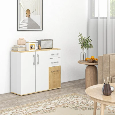 HOMCOM Sideboard, Aufbewahrungsmöbel mit 3 Türen, 2 Schubladen und verstellbarem Regal, 90 x 30 x 75,5 cm, Weiß und Holz natur