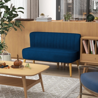 HOMCOM Sofá de diseño retro de 2 plazas, patas de madera, 117x56,5x77 cm, Azul