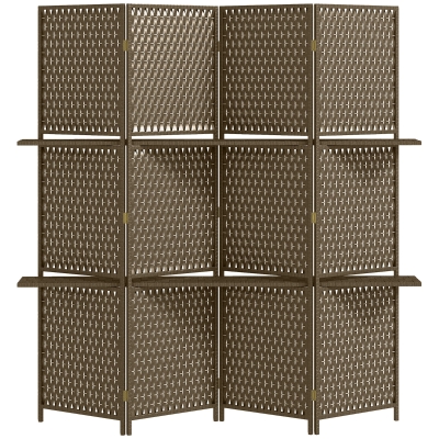 HOMCOM Biombo interior separador de ambientes 4 paneles 2 estantes madera de pino trenzada fibras de papel 181x180 cm Marrón