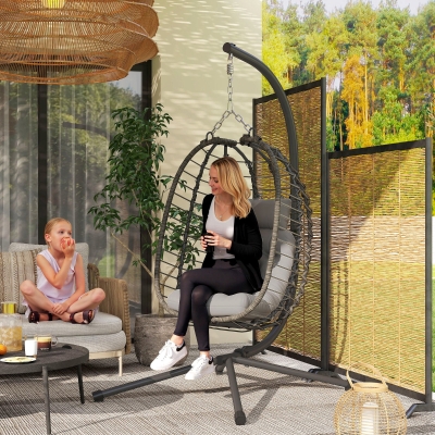 Outsunny Silla colgante plegable de ratán con soporte, cojín y almohada altura ajustable, gris