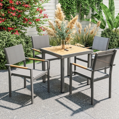 Outsunny Lote de 4 sillas de jardín, sillas de comedor con apoyabrazos de efecto madera estructura de aluminio, gris claro