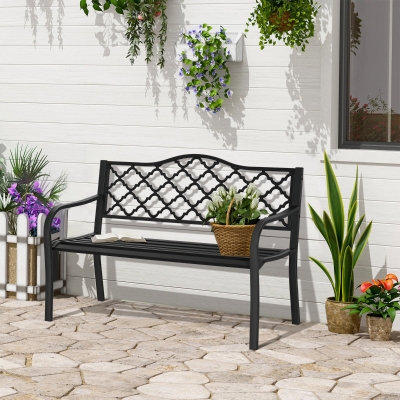 Outsunny Banco de Jardín 2 Plazas Banco de Parque de Metal Banco de Asiento hasta 240 kg Banco de Terraza con Respaldo y Reposabrazos Muebles de Jardín de Hierro Fundido Negro 128 x 58,5 x 89 cm