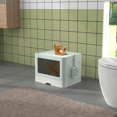 PawHut Litière Chat Fermée Vert avec Bac Amovible et Accessoires