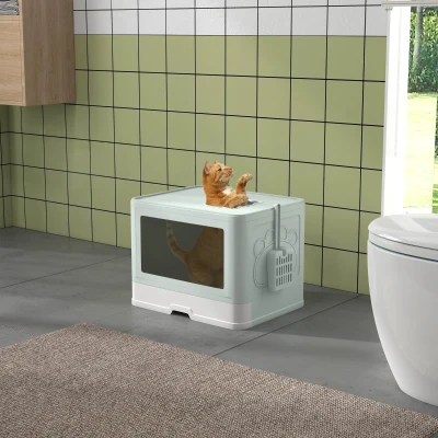 PawHut Litière Chat Fermée Vert avec Bac Amovible et Accessoires