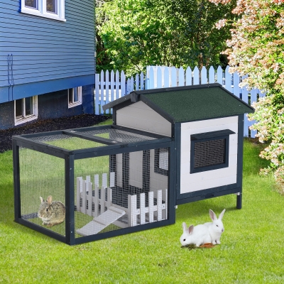 PawHut Jaula para Pequeñas Mascotas con Parque al Aire Libre de Madera de Pino Resistente a la Intemperie, Verde y Blanco