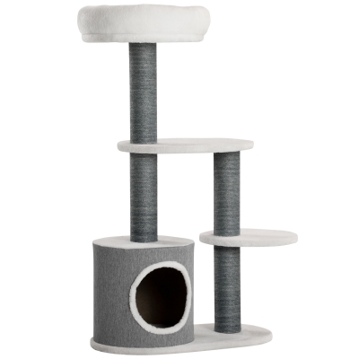 PawHut Rascador con 1 Cueva para Gatos, 1 Cama para Gatos, 2 Plataformas, Poste Rascador de Yute, Blanco + Gris
