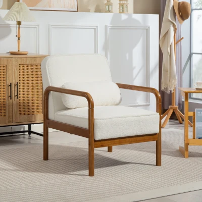 HOMCOM Sillón de salón en tela de bouclé con cojín y marco de madera de caucho, para habitación, salón, comedor, blanco