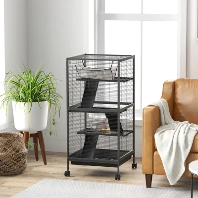 PawHut Cage 3 Niveaux Acier Gris avec Roues et Plateau Amovible