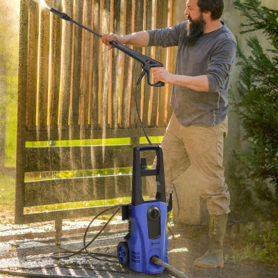 DURHAND Lavadora a presión potencia 150 bares máx, caudal 510 l/h máx, motor 1800W manguera 6m y cable 5m con ruedas azul