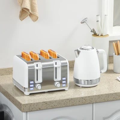 HOMCOM Stainless Steel Kettle & 4-Slice Toaster Set White
