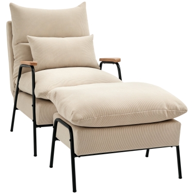 HOMCOM Fotoliu tapitat cu taburet, fotoliu de relaxare cu funcție de culcat, scaun tapitat, perne, fotoliu TV, 68 x 91,5 x 88 cm, Bej