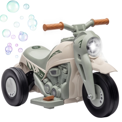 AIYAPLAY Moto electrică pentru copii 2-5 ani, 3 roți, 6 V, 3 km/h, cu funcție de bule, efecte luminoase și sonore, crem