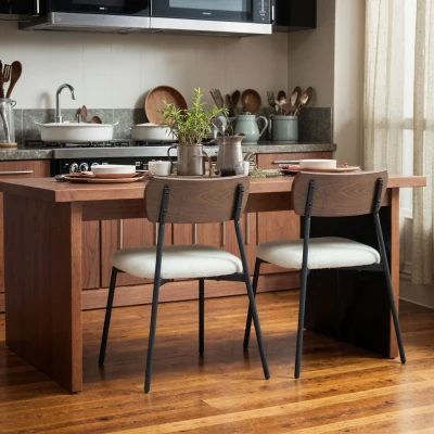 Set de 2 scaune de sufragerie cu șezut cu aspect de mohair, spătar curbat cu aspect de lemn crem