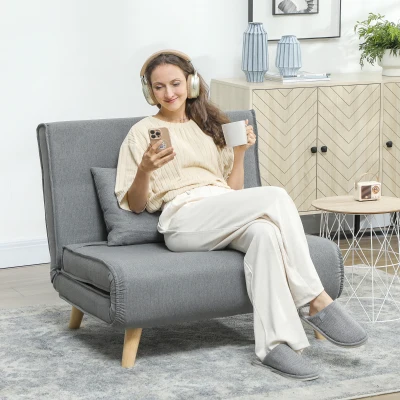 HOMCOM Poltrona 2 em 1 Sofá Cama Individual Dobrável com Encosto Ajustável e Almofada Carga 125 kg 90x78x79 cm Cinza