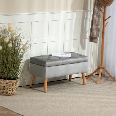 HOMCOM Bancă de depozitare cu material catifelat, picioare din lemn, pentru cameră de zi, dormitor, hol, 80 x 35 x 40 cm, Gri
