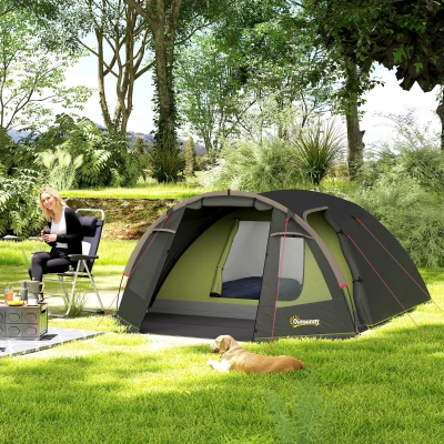 Cort de camping familial tunel pentru 2-4 persoane, impermeabil 3 uși, 3,6 x 2,5 x 1,3 m, negru