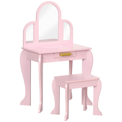 HOMCOM Tocador para Niños con Espejo y Taburete Tocador Infantil Tocador de Maquillaje para Niña de 3 a 6 Años con Cajón Rosa