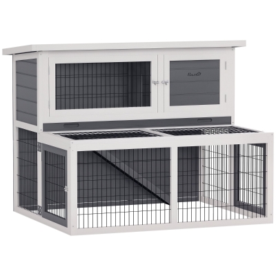 PawHut Hutch cu 2 nivele, cu acoperis rabatabil, cotet pentru iepuri din lemn masiv rezistent la iarna, casa dubla 122x95x93,5 cm gri