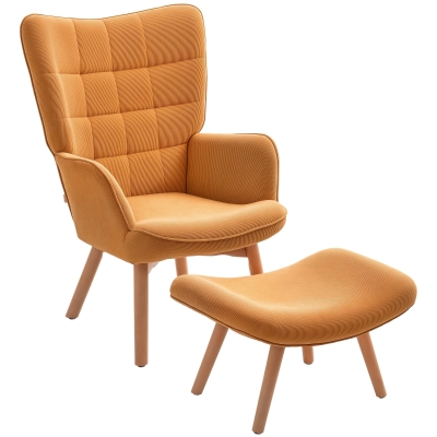 HOMCOM Fotoliu Accent cu Otoman, Fotoliu de Relaxare în Aspect de Catifea, Fotoliu cu Brate din Lemn, pentru Living, Maro