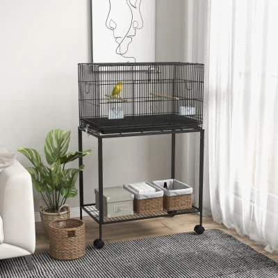 Colivie pentru Pasari cu Rotile 77x46x119 cm, cu Tava Detasabila 2 Suporturi 2 Hranitoare Negru