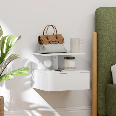 HOMCOM Noptier cu sertar si raft deschis alb, 39,8 x 35 x 31,6 cm