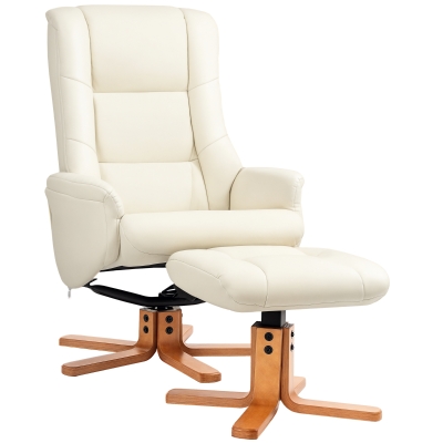 HOMCOM Fotoliu de Relaxare cu Taburet, Funcție de Culcare, Piele Ecologică, până la 150 kg, 71 x 84 x 102 cm, Crem