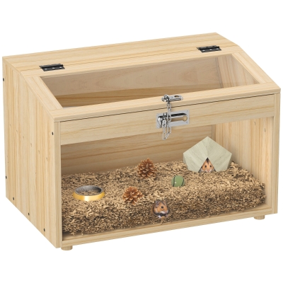 PawHut Cușcă pentru hamster din lemn, cu capac deschis, fereastră din acrilic 55 x 35 x 35 cm, efect lemn natural