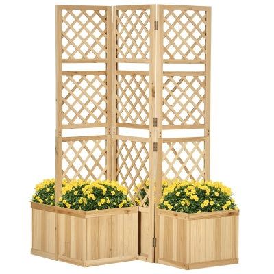 Paravan pentru Grădină, triplu pliabil, 4 ghivece de flori, lemn masiv, culoare naturală, 133 x 62 x 165 cm